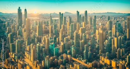 Megalopolis mega city future with huge skyline of skyscrapers, bright sunny, ai generated