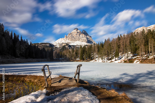 Frozen Antorno lake in winter