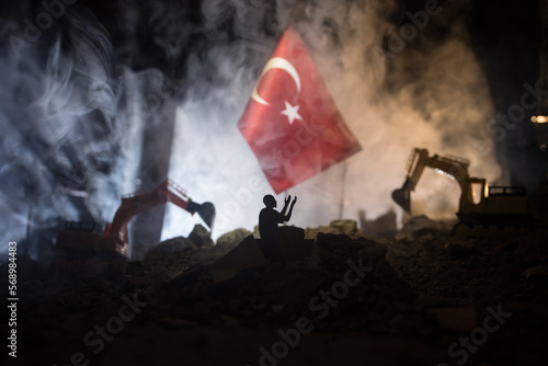 Turkey flag on the cracked earth. National flag of Turkey. Earthquake or drought concept