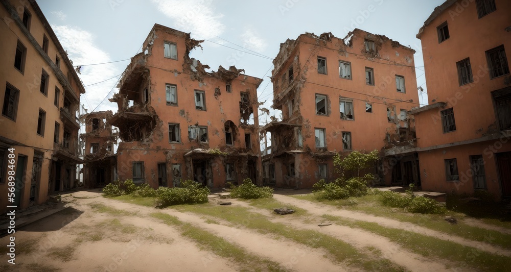 Abandoned destroyed buildings, ai generated