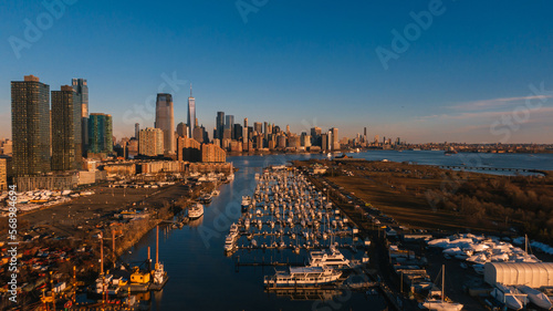 Top-down view of Jersey city, yachts and skyscrapers 