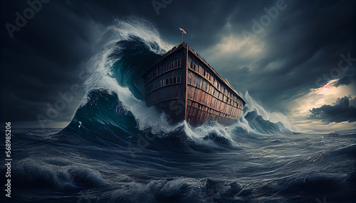 Noah's Ark vessel in the Genesis flood. The ship is cutting through the waves. Generative AI