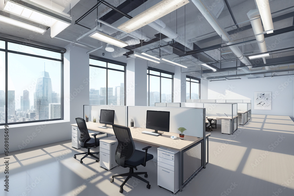 Modern office, loft style, spacious open space for work, empty offices concept, generative ai