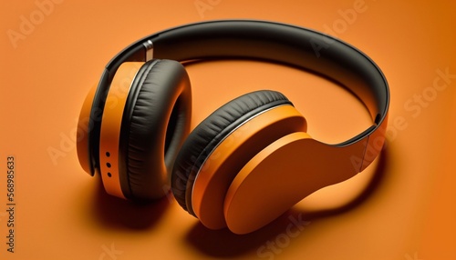 Wireless headphones, close-up on orange background. Top view. Generative AI.