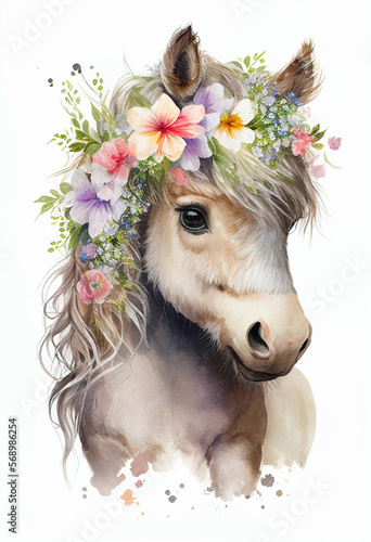 Beautiful watercolor horse, great design. Cute wildlife animal cartoon character drawing illustration. Fantasy colorful watercolor horse with flowers crown on white background.  include 