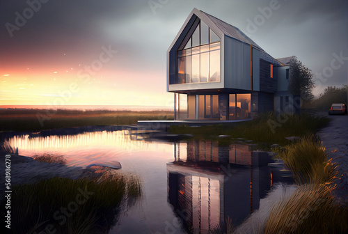 House along a stream near the water, beautiful architecture and sunset, modern design, generative ai