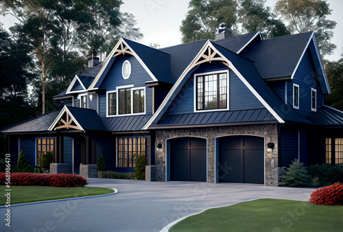 Luxurious new construction home, modern style home two car garage, blue siding natural stone wall, generative ai