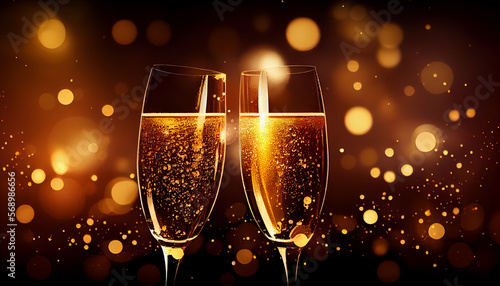 Cheers, champagne glasses, blurry golden festive background. generative AI