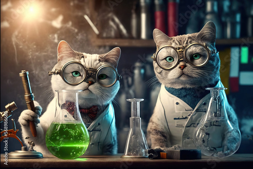 Created with Generative AI technology. Animal cats scientist making tests in lab inventing innovation in biology. photo