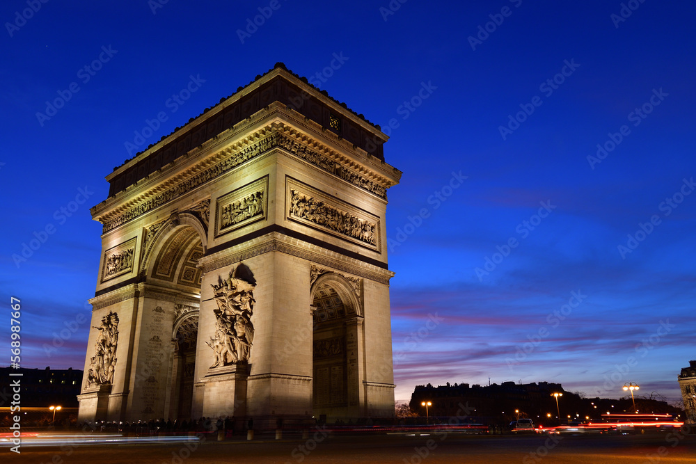 Paris, France. Arc de Triomphe at dusk. February 5, 2023.