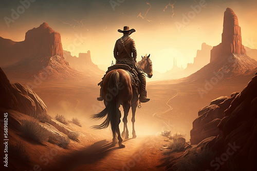 Cowboy riding in the middle of the canyon