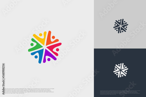 abstract global crown people colorful logo minimalist style illustration. Teamwork symbol.