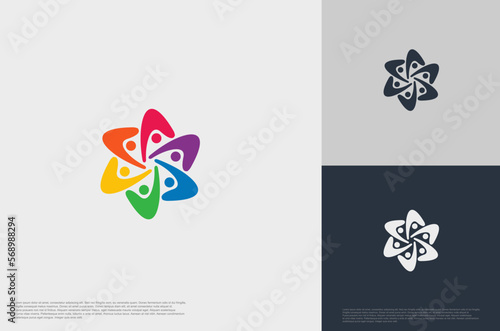 abstract global crown people colorful logo minimalist style illustration. Teamwork symbol.