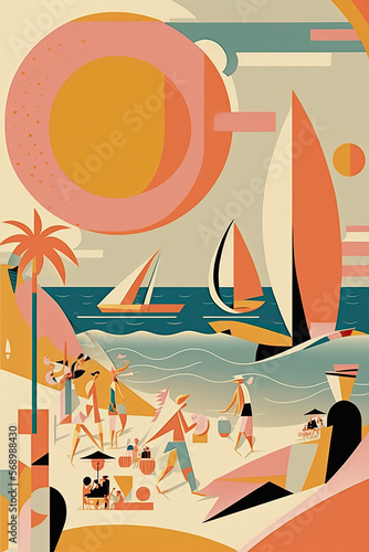 summer background with beach and sea, orange colors, generative ai illustration