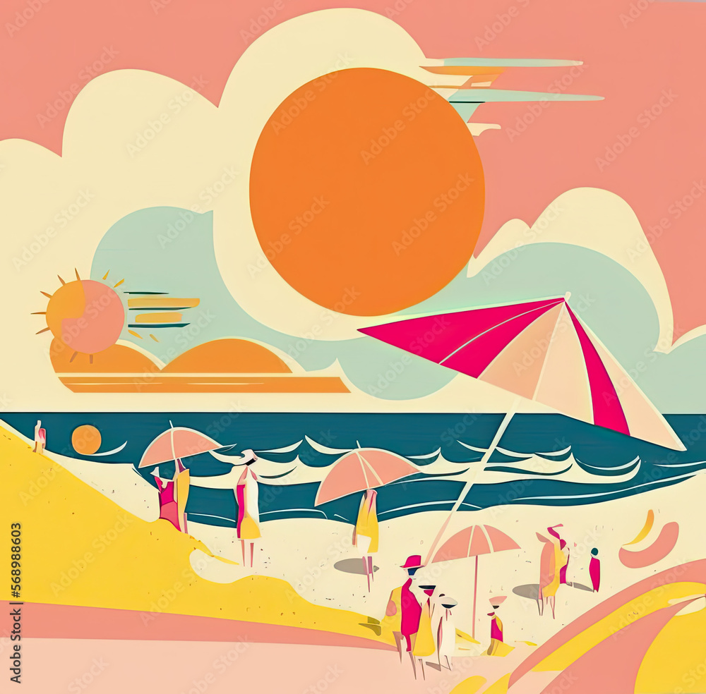 Summer at the beach general illustration, as a postcard or poster, generative ai illustration in orange soft tones colors