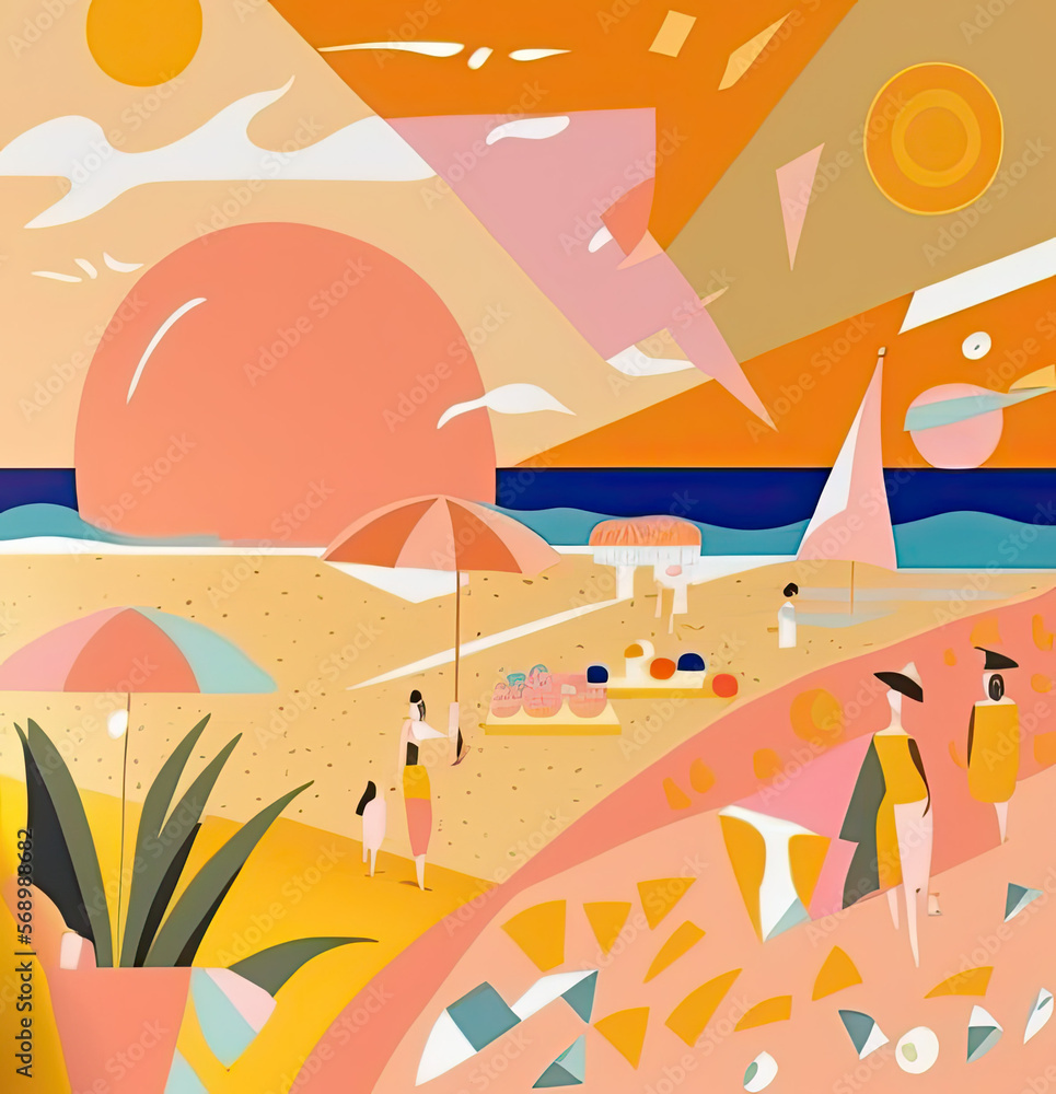 summer landscape with a boat and people on the beach, as a postcard or poster, generative ai illustration in orange soft tones colors