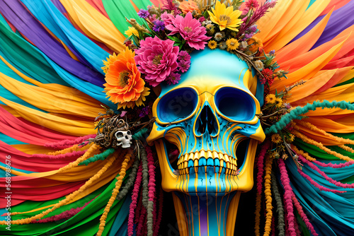 Dark fantasy design, painted human skull and lush bunch of flowers on colorful background, AI generated photo