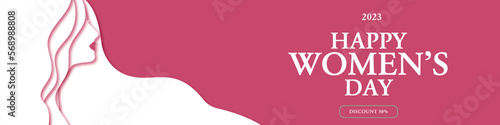 Banner 8 de marzo, ilustración vectorial del Día Internacional de la Mujer. Recorte de papel sobre fondo rosa. Diseño y texto editable. 