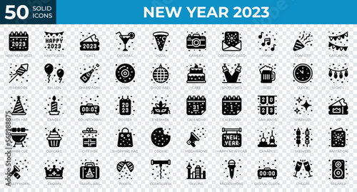 New year 2023 icons in solid style. Calendar, Confetti, Pizza. Solid icons collection. Holiday symbol. Vector illustration