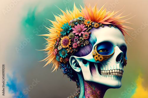 Dark fantasy design, painted human skull and lush bunch of flowers on colorful background, AI generated photo