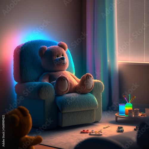 teddy bear sitting on a neon-lit chair, generative ouch 