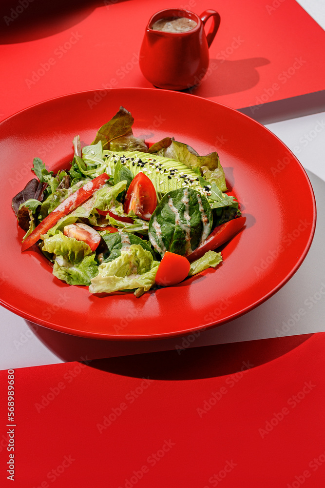 Fresh vegan green salad with avocado, tomatoes , red bell peper and nut sauce in red color boul at red and white background with sunlight and shadows, minimalism Fresh vegan green salad with avocado, tomatoes , red bell peper and nut sauce in red color boul at red and white background with sunlight and shadows, minimalism