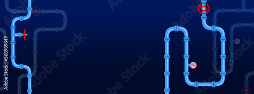 Horizontal industrial background with pipeline. blue water pipes on dark blue background.