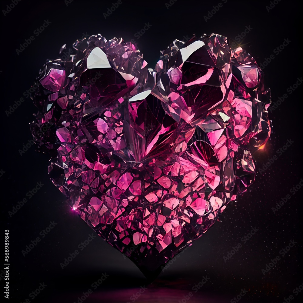 Shiny pink sapphire broken heart isolated on black background. Natural precious mineral stone artistic illustration. Decorative magenta sapphire crystal heart poster.