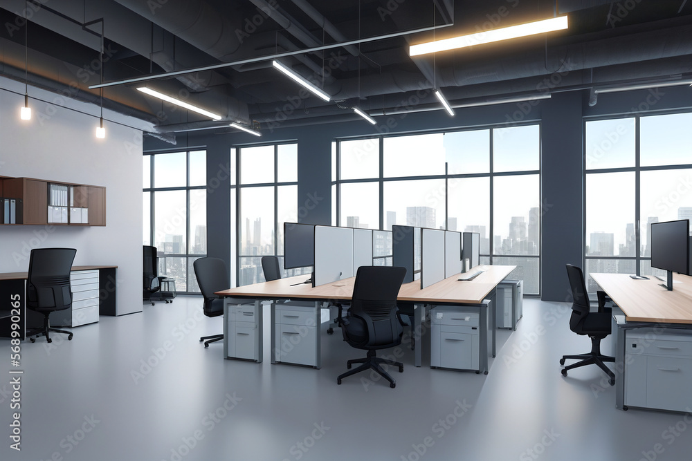 Modern office, loft style, spacious open space for work, empty offices concept, generative ai Modern office, loft style, spacious open space for work, empty offices concept, generative ai
