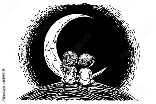A little girl and little boy sitting on a crescent moon together. Love in space. Romantic line illustration. 