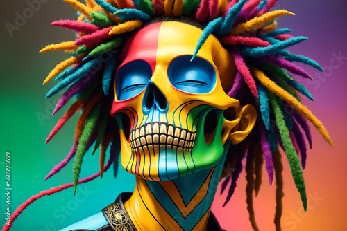 Painted human skull with colorful dreads, flowers and paint spashes, AI generated photo