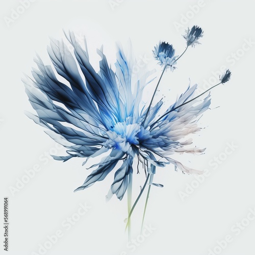 Delicate sweet flower in light blue palette.  Spring theme.  Botanical illustration, AI generated. photo