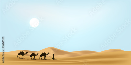 Ramadan desert background with mosque and silhouette of camels caravan.