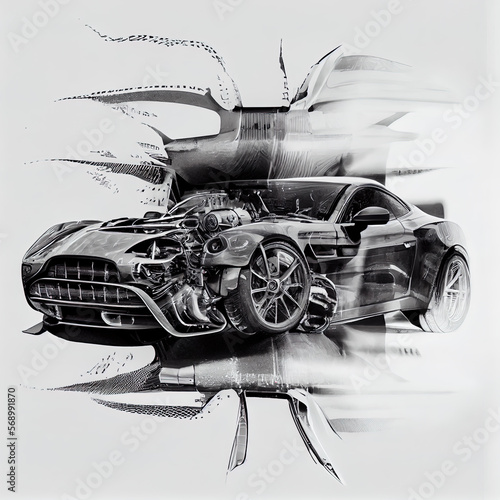 3d render of sports car with xray, double exposure effect, ai generated photo