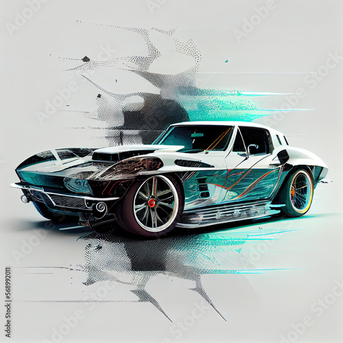 3d render of sports car with xray, double exposure effect, ai generated photo