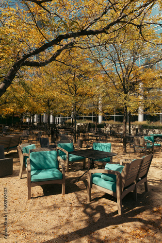 bistro tables and armchairs under trees with autumn foliage in New York City park. © LIGHTFIELD STUDIOS