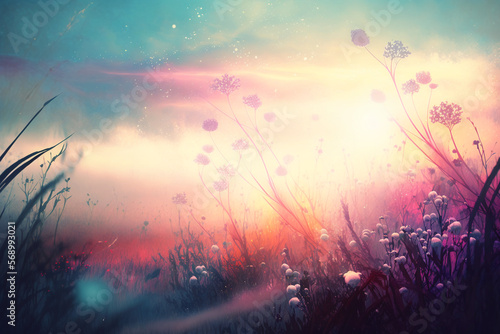 ethereal landscape, misty meadow, dreamy atmosphere, soft pastel colors, dreamy atmosphere, abstract art form