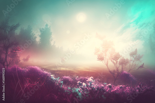 ethereal landscape, misty meadow, dreamy atmosphere, soft pastel colors, dreamy atmosphere, abstract art form