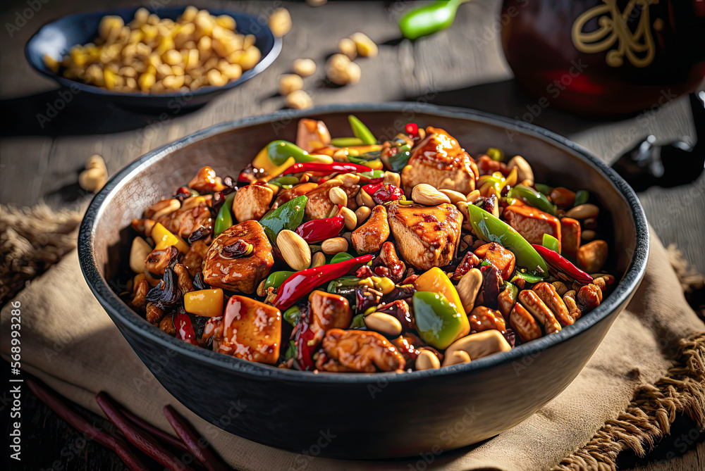 Fototapeta premium Chinese kung pao chicken. Generative AI