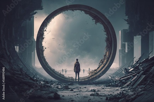Out of the Loop. Abstract illustration. Man stands in a post-apocalyptic wasteland city near a giant concrete circle portal.