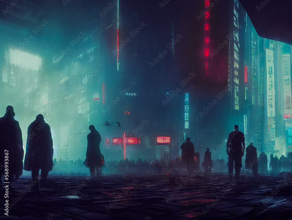 Cyberpunk facing a dystopian city. Digital illustration sci fi cityscape, people in the cold street. 
