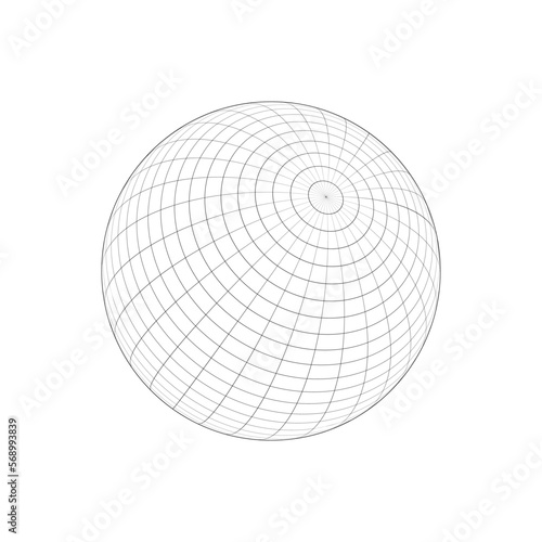 3D sphere wireframe icon isolated on white background. Orb model, spherical shape, grid ball. Earth globe figure with longitude and latitude, parallel and meridian lines