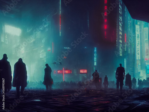Cyberpunk facing a dystopian city. Digital illustration sci fi cityscape, people in the cold street. 
