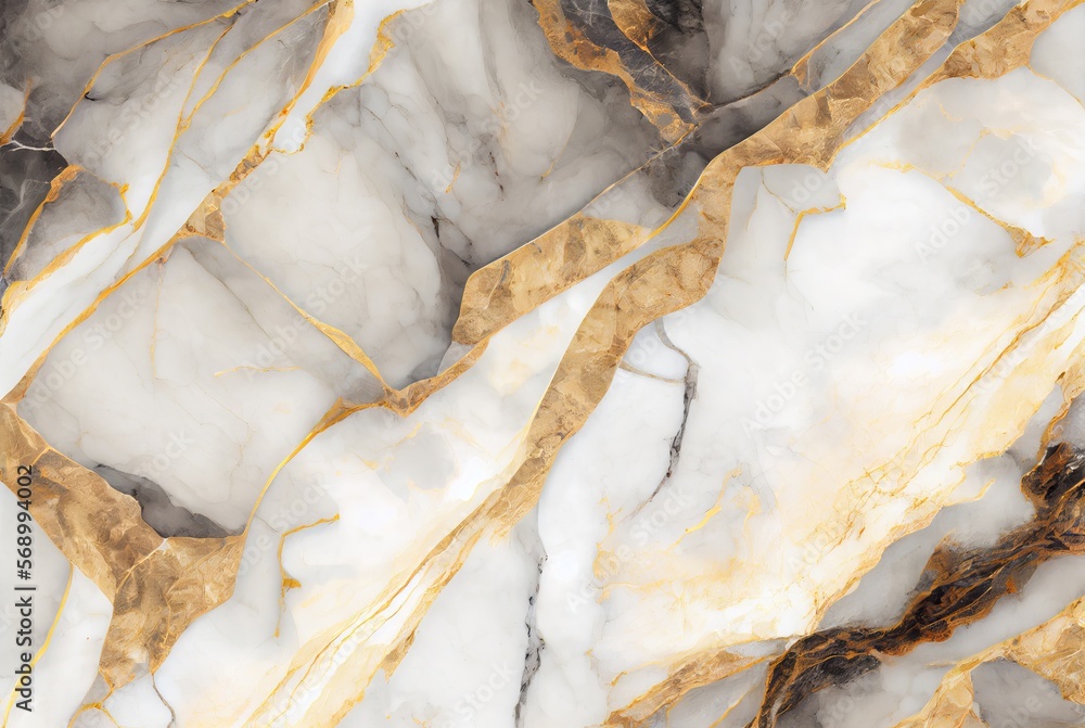 White marble with gold and grey veins surface abstract background. Decorative acrylic paint pouring rock marble texture. Horizontal natural white and gold abstract pattern.