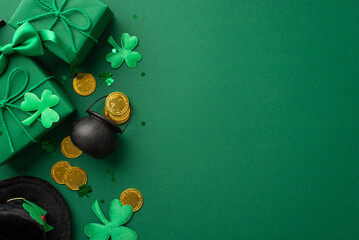 Saint Patrick's Day concept. Top view photo of leprechaun cap present boxes pot with gold coins bow-tie shamrocks and confetti on isolated green background with blank space