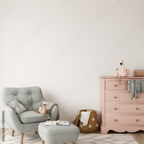 Wall mockup in the children's room interior. Nursery Interior. Boho scandinavian eco style. 3d rendering, 3d illustration	
