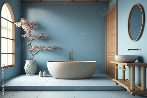 Japanease Vintage Minimalist Retro Bathroom In Blue - Genrative AI