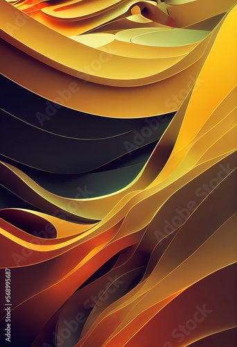 Gold and yellow wavy shapes abstract background. Decorative vertical illustration with metalic texture. Shiny material Gold and yellow wavy shapes pattern.