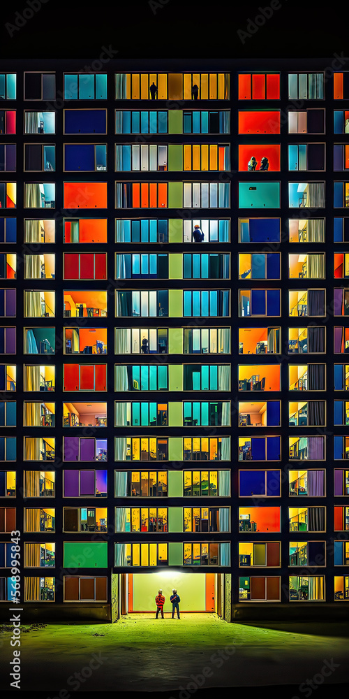 Fototapeta premium Appartmenthaus Bürohaus Abstrakt Surreal Frontalansicht Vertikal bei Nacht Generative AI Digital Art Illustration Kunst Hintergrund Background Cover Kunst