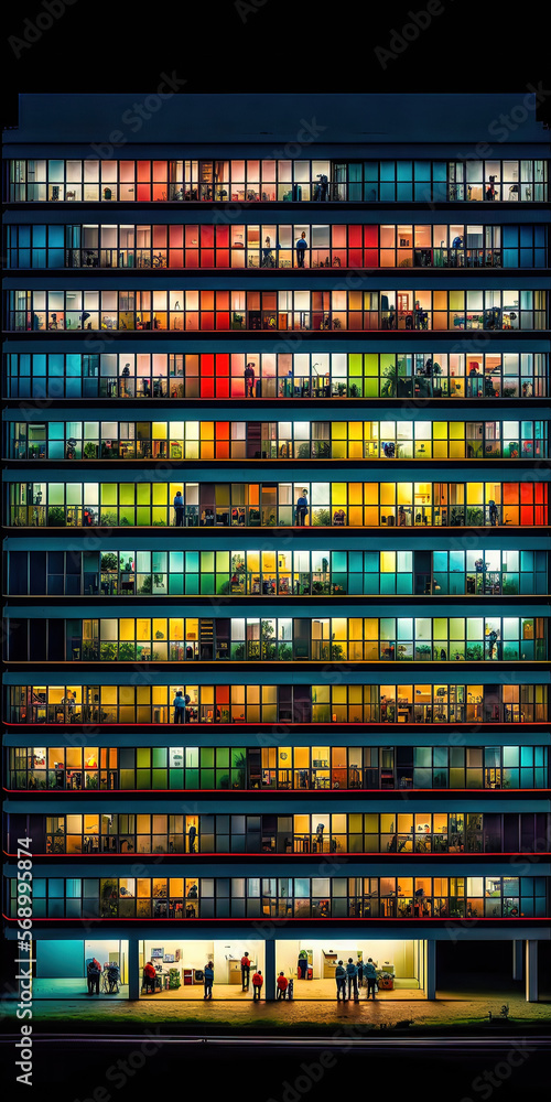 Appartmenthaus Bürohaus Abstrakt Surreal Frontalansicht Vertikal bei Nacht Generative AI Digital Art Illustration Kunst Hintergrund Background Cover Kunst